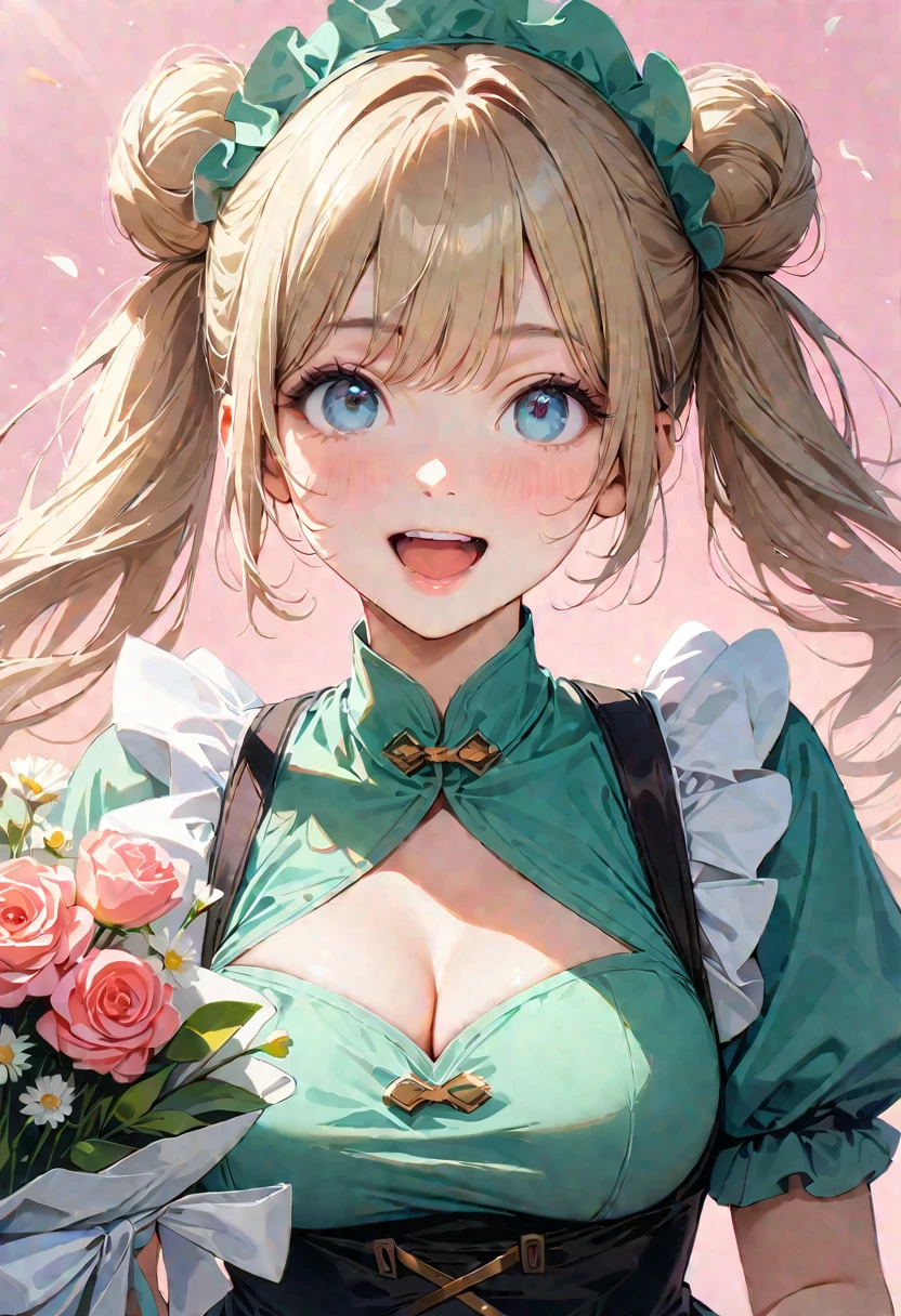 30 years old,1 mature woman,hyperrealistic, 8k, (extremely detailed 8k), (very delicate and beautiful), (masterpiece), (better quality:1.0), (ultra high resolution:1.0), (masterpiece, best quality), cute,blonde,cleavage cutout,(broen dress:1.3),gleaming skin,twintails,twin bun,a pink ribbon on the head,long hair,pastel green chinese maid dress,pastel green chinese dress,white long gloves,hold a bouquet of flowers,face and body straight at the camera,a bunch of flowers,POV,bust shot,white frill,puffy sleeves,laugh with open mouth,tareme,sky blue eyes,short truffle half apron,a gold buckle around someones neck,white corset,pink background