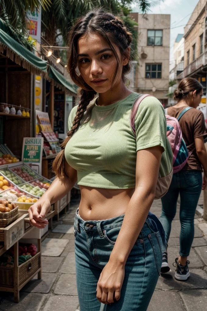 [[((young attractive Mexican woman with green streaks in her plaited hair, very light, barely visible cute freckles on her cheeks, and distinctive light brown eyes:1.5)), ((Martina Sánchez:1.4)), exploring a bustling night market. Martina is wearing ((a trendy crop top, high-waisted jeans, and stylish sneakers:1.3)) with a small backpack. She has an inquisitive and happy expression. The background features colorful stalls, string lights, and a lively atmosphere. The scene is captured with a ((digital SLR:1.3)) using a ((24-70mm zoom lens:1.3)) for versatility in framing. Post-production focuses on enhancing the natural colors, highlighting her unique features, and adding a ((soft bokeh effect:1.2)) to the background. The image should be in ((8K resolution:1.2)) with ((hyper-realistic detail:1.4)). The focus is on Martina's unique plaited hair, freckles, and light brown eyes, showcasing her as a trendy and adventurous travel influencer.]]
