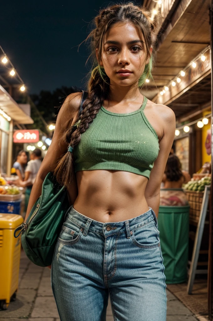 [[((young attractive Mexican woman with green streaks in her plaited hair, very light, barely visible cute freckles on her cheeks, and distinctive light brown eyes:1.5)), ((Martina Sánchez:1.4)), exploring a bustling night market. Martina is wearing ((a trendy crop top, high-waisted jeans, and stylish sneakers:1.3)) with a small backpack. She has an inquisitive and happy expression. The background features colorful stalls, string lights, and a lively atmosphere. The scene is captured with a ((digital SLR:1.3)) using a ((24-70mm zoom lens:1.3)) for versatility in framing. Post-production focuses on enhancing the natural colors, highlighting her unique features, and adding a ((soft bokeh effect:1.2)) to the background. The image should be in ((8K resolution:1.2)) with ((hyper-realistic detail:1.4)). The focus is on Martina's unique plaited hair, freckles, and light brown eyes, showcasing her as a trendy and adventurous travel influencer.]]

