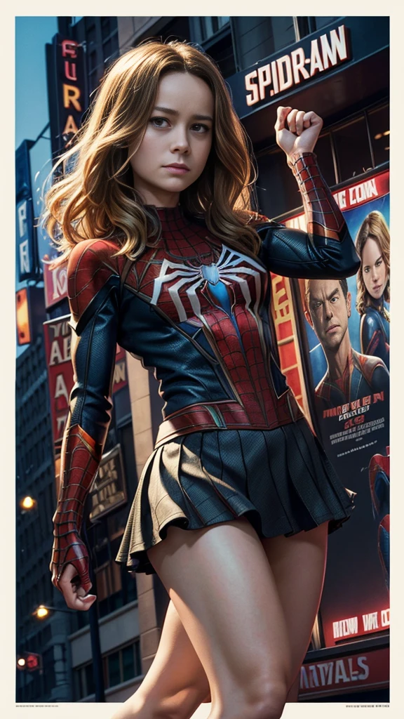 Brie Larson、マーベルコミックの映画Poster、so beautiful、Movies about Spider-Man、sexy、whole body、Wearing a skirt、Premiere Date、Poster、belly buttonを突き出す、new york、She&#39;s wearing a ripped Spiderman suit、The suit is torn、Wearing a skirt、Red and black color scheme、dynamic、masterpiece、Highest quality、Super detailed、Very detailed、Delicate and beautiful shine、Ultra-high resolution、Cinematic、break、breakドロップ、(Torn clothes:1.5)、(Wet clothes:1.4)、Bare shoulders、Real Rain、Wet Hair、belly button、Exposed Skin、sexyな肩を披露