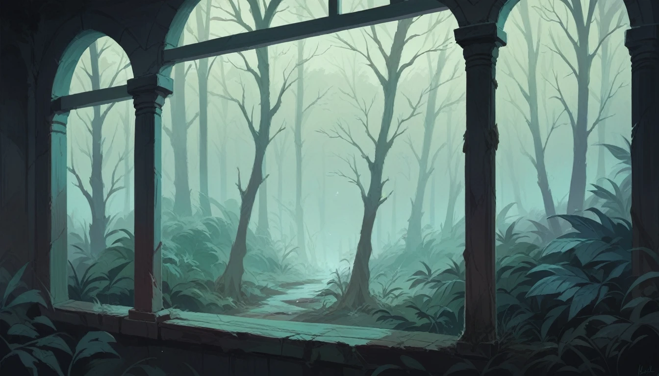 view from a window of a dark room at night and outside a dark misty forest