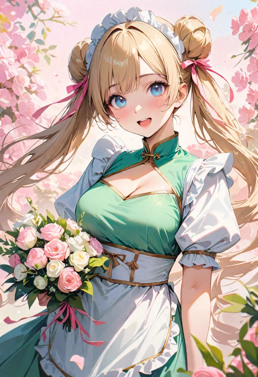 30 years old,1 mature woman,hyperrealistic, 8k, (extremely detailed 8k), (very delicate and beautiful), (masterpiece), (better quality:1.0), (ultra high resolution:1.0), (masterpiece, best quality), cute,blonde,cleavage cutout,(broen dress:1.3),gleaming skin,twintails,twin bun,a pink ribbon on the head,long hair,pastel green chinese maid dress,pastel green chinese dress,white long gloves,hold a bouquet of flowers,face and body straight at the camera,a bunch of flowers,POV,bust shot,white frill,puffy sleeves,laugh with open mouth,tareme,sky blue eyes,short truffle half apron,a gold buckle around someones neck,white corset,pink background