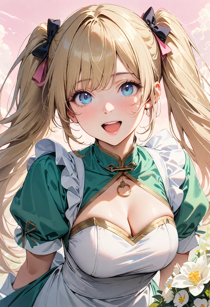 30 years old,1 mature woman,hyperrealistic, 8k, (extremely detailed 8k), (very delicate and beautiful), (masterpiece), (better quality:1.0), (ultra high resolution:1.0), (masterpiece, best quality), cute,blonde,cleavage cutout,(broen dress:1.3),gleaming skin,twintails,twin bun,a pink ribbon on the head,long hair,pastel green chinese maid dress,pastel green chinese dress,white long gloves,hold a bouquet of flowers,face and body straight at the camera,a bunch of flowers,POV,bust shot,white frill,puffy sleeves,laugh with open mouth,tareme,sky blue eyes,short truffle half apron,a gold buckle around someones neck,white corset,pink background