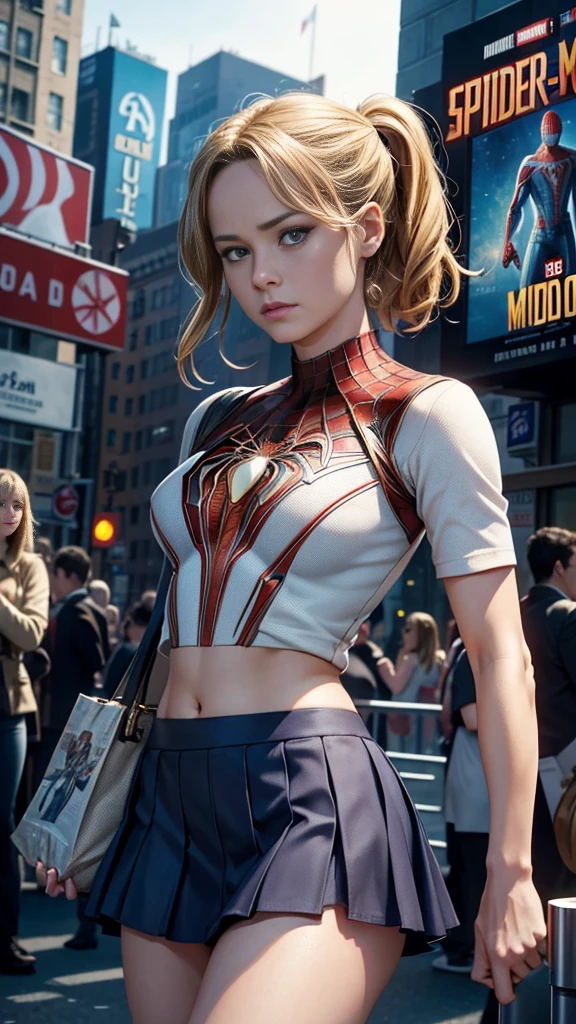 Brie Larson、マーベルコミックの映画Poster、so beautiful、Movies about Spider-Man、sexy、whole body、Wearing a skirt、Premiere Date、Poster、belly buttonを突き出す、new york、She&#39;s wearing a ripped Spiderman suit、The suit is torn、Wearing a skirt、Red and black color scheme、dynamic、masterpiece、Highest quality、Super detailed、Very detailed、Delicate and beautiful shine、Ultra-high resolution、Cinematic、break、breakドロップ、(Torn clothes:1.5)、(Wet clothes:1.4)、Bare shoulders、Real Rain、Wet Hair、belly button、Exposed Skin、sexyな肩を披露