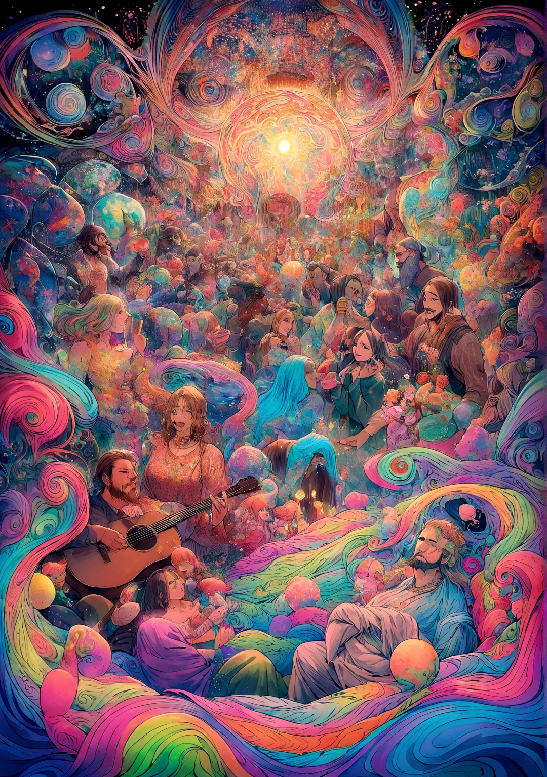 A psychedelic, highly detailed scene of an indoor barbecue party on the second floor of a house. The main couple, featuring a bearded Latino man and a woman with blue-tipped hair, are surrounded by three other couples, all enjoying the gathering. Everyone is holding surreal, glowing beer bottles and colorful, swirling cannabis joints. The atmosphere is trippy and vibrant, with neon colors and swirling patterns. A man is playing an acoustic guitar that emanates waves of kaleidoscopic light. The room is filled with fantastical decorations and psychedelic art, creating a dreamlike and otherworldly vibe. The couples are gathered around a grill with flames and smoke that twist and morph into fantastical shapes, adding to the surreal and mind-bending ambiance.