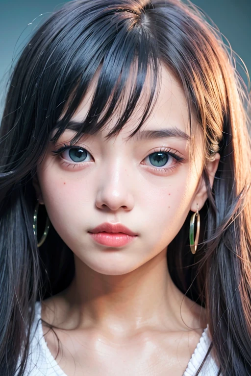 1 girl, blush, perfect lighting, light and dark blue green long hair, blue open eyes with green, she wears a cross earring,  side lighting, face detailed, bangss, shining skin, simple background, darkness background