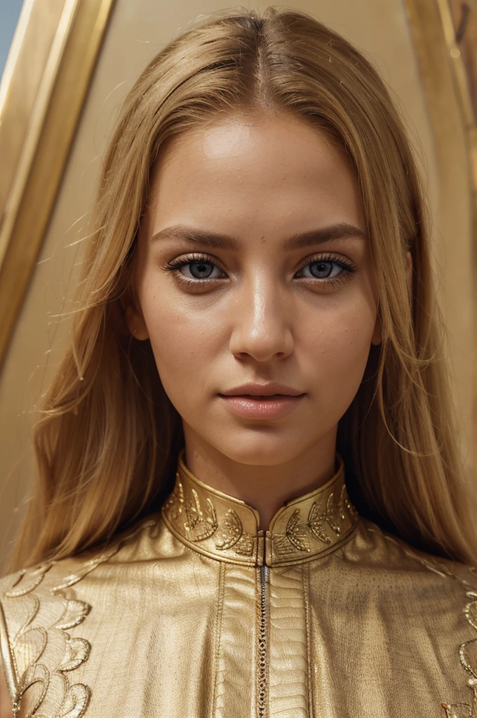 a beautiful blonde woman, beautiful golden blonde hair, detailed eyes, beautiful detailed lips, extremely detailed face, long eyelashes, in Egypt, wearing a traditional outfit, (best quality,4k,8k,highres,masterpiece:1.2),ultra-detailed,(realistic,photorealistic,photo-realistic:1.37),HDR,UHD,studio lighting,ultra-fine painting,sharp focus,physically-based rendering,extreme detail description,professional,vivid colors,bokeh,portrait, with a view of gizeh pyramide  behind