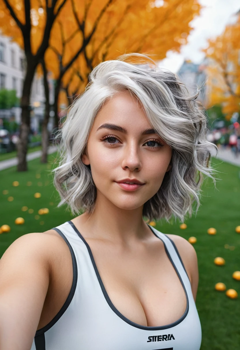 selfie-mode, Sierra, a young, athletic woman, midsize breasts, round booty, curvy hips, (shoulder-short, unusually_white_hair_with_grey_strands, full_hair, wavy_hair, messy_hair:1.3), (wearing bodycon dress in colors of the German soccer jersey), in a city park, taking selfie, natural skin, cinematic, colorful background, concept art, 8k, dramatic lighting, high detail, highly detailed, hyper realistic, intricate, intricate sharp details, octane render, smooth, studio lighting, trending on artstation
