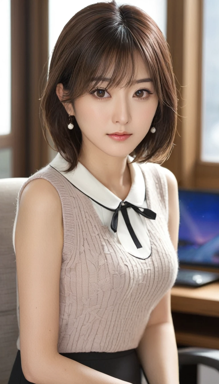 masterpiece, High resolution, perfect face, beauty of japan, 30 years old, beautiful face, office, sleeveless sweater, mini pencil skirt, tights, embarrassed look, look at the camera, top quality eyes, detailed texture, look at the camera, medium tits, Married woman, cool women, high resolution eyes, back, ass