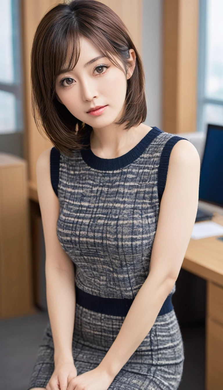 masterpiece, High resolution, perfect face, beauty of japan, 30 years old, beautiful face, office, sleeveless sweater, mini pencil skirt, tights, embarrassed look, look at the camera, top quality eyes, detailed texture, look at the camera, medium tits, Married woman, cool women, high resolution eyes, back, ass