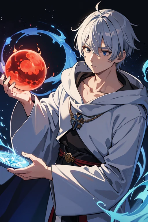 masterpiece, Highest quality, High resolution，Anime Style、Anatomically correct、Silver Hair、Short Hair、male、Wizard、White Robe、magic、Blue flame cross and red flame ball、With an ancient castle in the background、Upper body only