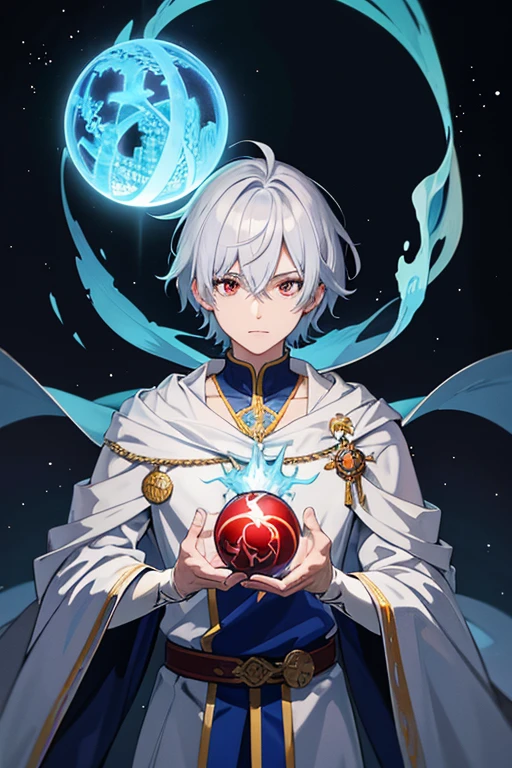 masterpiece, Highest quality, High resolution，Anime Style、Anatomically correct、Silver Hair、Short Hair、male、Wizard、White Robe、magic、Blue flame cross and red flame ball、With an ancient castle in the background、Upper body only