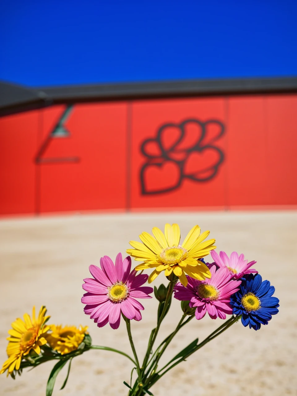 On voit un virage de circuit avec des graviers et dans le fond en flou on voit un mur de pneu comme sur les circuits de courses.
On voit en premier plan deux bouquets de fleurs avce une  pancarte posé sur sol ou il y a marqué:"Parce que nos vies ne se sont pas arrêtées quand pendant cet accidents nos coeurs l'ont été."
