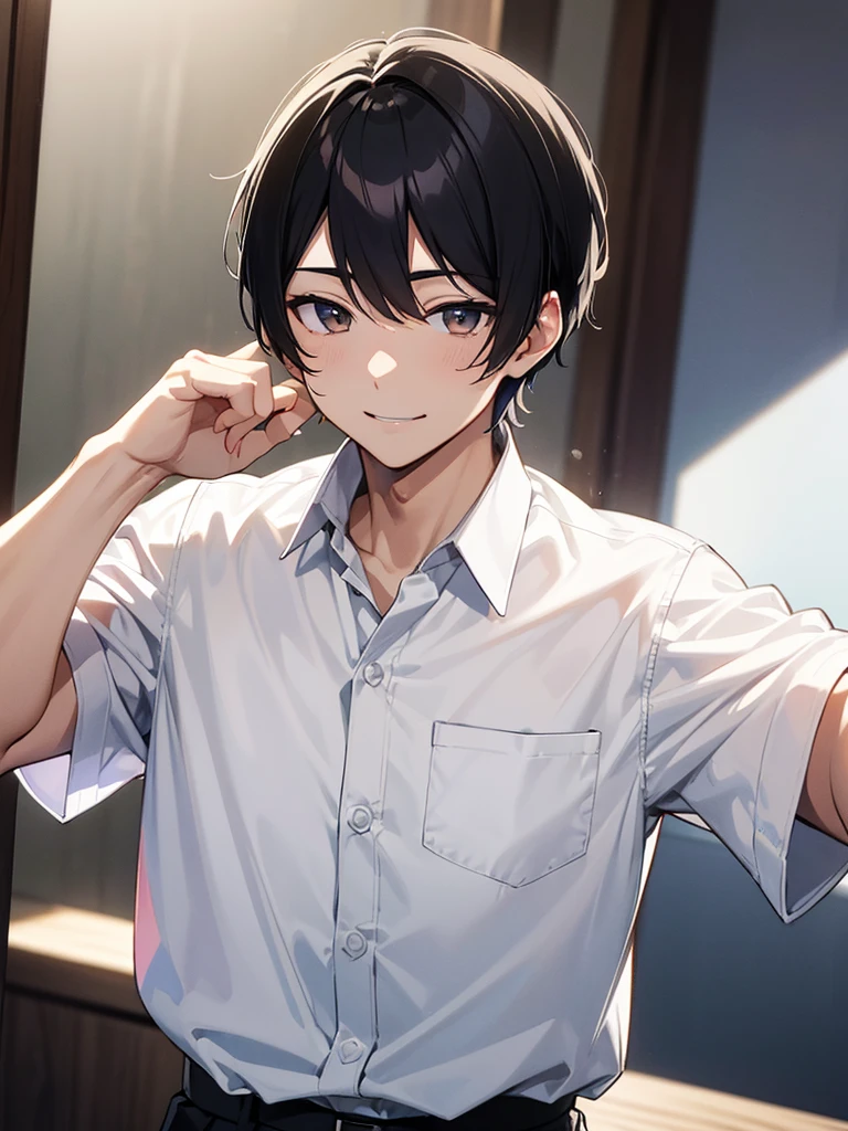 Clenching fists、Biologically correct five fingers、extremely detailed CG, 8k, super fine illustration, upper body, masterpiece, top quality, masterpiece, top quality, (25 year old man: 1.5) and (short black hair) and (blue eyes) , (white T-shirt:1.5), standing, smile, The background is the living room, (alone: ​​​​​​1.5),