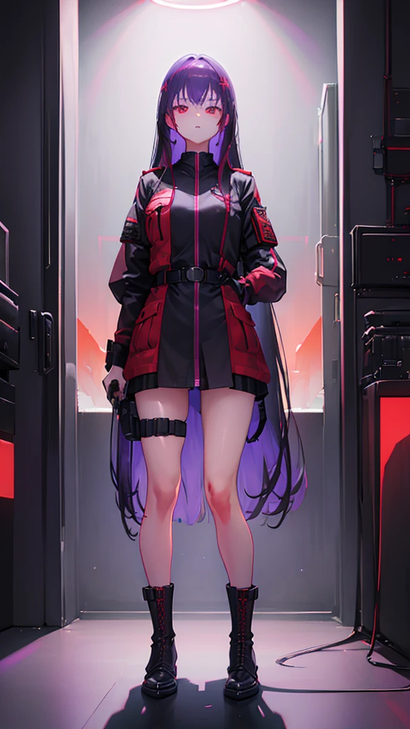 girl with long hair, perfect body, purple-red eyes, military jacket, beautiful thick thighs, purple-red and black clothing, military boots, many belts, holds a futuristic machine gun with both hands, has war scars, walking shot, focus Full body, high definition details, military base background.