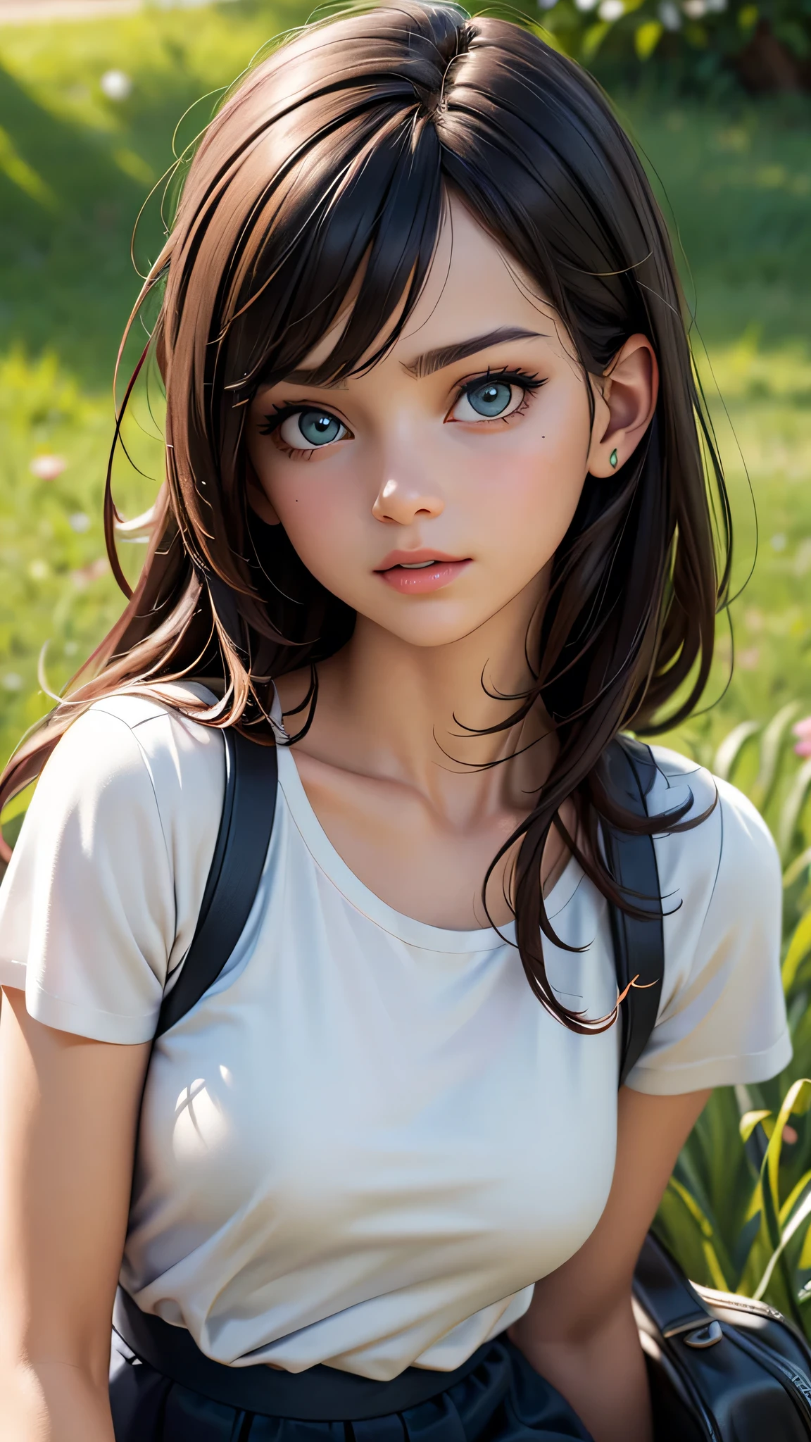 best quality, 4k, 8k, highres, masterpiece:1.2), ultra-detailed, (realistic, photorealistic, photo-realistic:1.37), playful, cartoon, student (girl), school bag, surprised, wallet, grass, white t shirt, outdoor, 3d rendering, beautiful detailed eyes, beautiful detailed lips, extremely detailed eyes and face, longeyelashes, colourful, soft lighting, green grass, lively atmosphere
