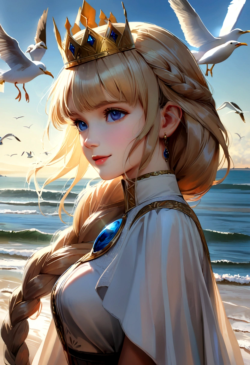 there is one girl coming out of the sea, the Swan Princess from Russian mythology, a beautiful calm face, blue eyes, blond long hair braided into one braid, the moon moon is woven into the hair on the back of the head, white old Russian shining clothes, a kokoshnik crown on her head, an affectionate look, a half-smile, a gentle expression on his face, a background seascape and sunlight, seagulls in the sky, full-length, Photorealism