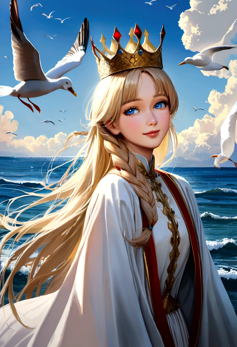 there is one girl coming out of the sea, the Swan Princess from Russian mythology, a beautiful calm face, blue eyes, blond long hair braided into one braid, the moon moon is woven into the hair on the back of the head, white old Russian shining clothes, a kokoshnik crown on her head, an affectionate look, a half-smile, a gentle expression on his face, a background seascape and sunlight, seagulls in the sky, full-length, Photorealism