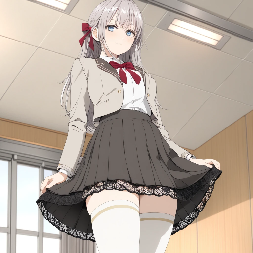 (((masterpiece))), (((best quality))), ((ultra-detailed)), (illustration), (detailed light), ((an extremely delicate and beautiful)), (beautiful detailed eyes), (8k), beautiful fingers,
tokialya, long hair, blue eyes, grey hair, hair between eyes, bangs, ahoge, , open jacket, collared shirt, red bow, long sleeves, pleated skirt, hair ribbon, red bowtie, white shirt, beige blazer, ((White thighhighs:1.5)),zettai ryouiki,
BREAK
Clean fingers,Painful expression,high image quality, high quality, ((from below:1.3,close up to crotch:1.3)), in the classroom,
BREAK
((skirts lift,lifted by self)), ((show off Well designed black Lace panties)), medium breasts,
BREAK
(background blurry:1.3),1 girl,teenage , extreme cute girl, extremely detailed face,embarrassed,disdain,short hair, full-face blush,alisa mikhailovna kujou,tokidoki bosotto roshia-go de dereru tonari no arya-san