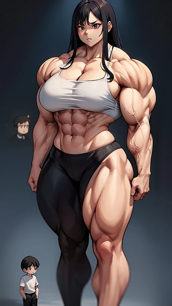 Woman in black bikini and small man in white shirt, weak and small man, thin and small physique, Very beauthful. , ,weak and defenseless man, small physique, , muscular ultraviolent woman, muscular and scary, absurdly huge physique, big muscles, extremely muscular woman,