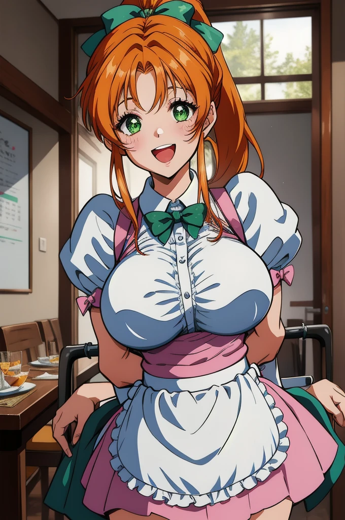 1girl, cowboy shot, (restrained:1.2), indoors, smile, open mouth, large breasts, looking at viewer, 
fukawa_miku, green eyes, orange hair, long hair, ponytail, green bow, short sleeves, apron, waitress, pink skirt, best quality, masterpiece, highres, 