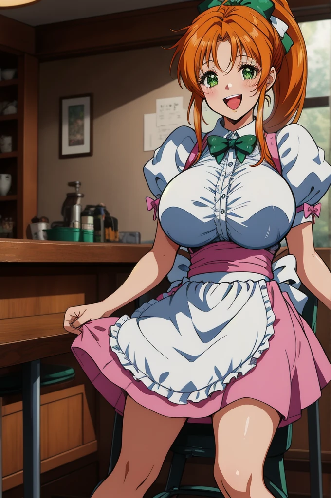 1girl, cowboy shot, (restrained:1.2), indoors, smile, open mouth, large breasts, looking at viewer,
fukawa_miku, green eyes, orange hair, long hair, ponytail, green bow, short sleeves, apron, waitress, pink skirt, best quality, masterpiece, highres,