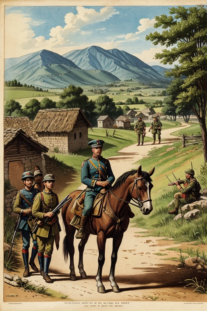 illustration of a soldier returning home to the village after the battle