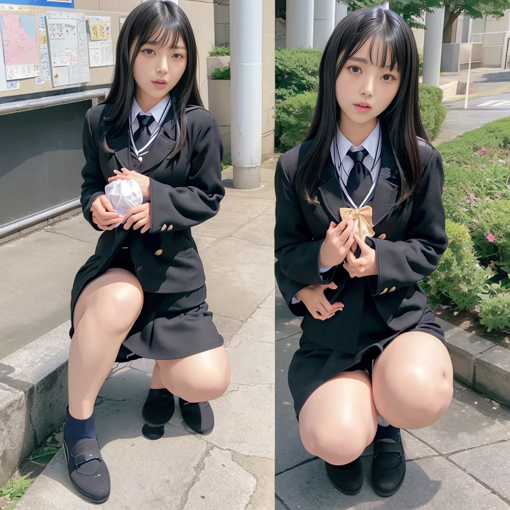 high quality, masterpiece, Very detailed, 8K, a beautiful Japanese woman:1.5, Small face, Black Hair, Breast Augmentation Surgery, (Detailed High School Uniforms:1.5), remote_play, remote_Vibrate、 (climax:1.5)、 squat
