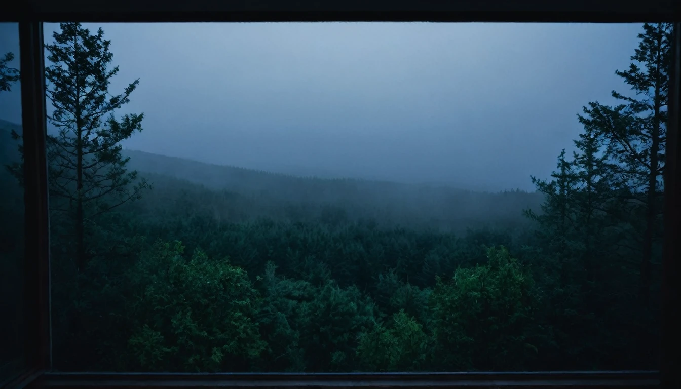 view from a window of a dark room at night and outside a dark misty forest