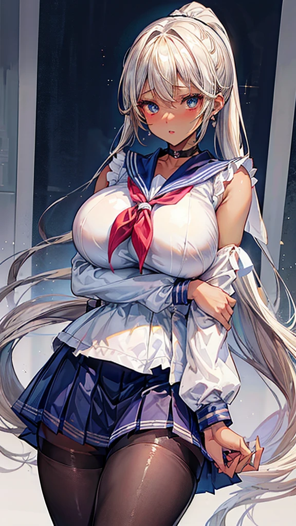 (masterpiece:1.2、highest quality、Tmasterpiece)、1 female、alone、classroom、Day、(Are standing)、whole body、blonde、ponytail、blue eyes、(Sailor suit:1.5)、(Dark Skin:1.4)、Big Breasts、(grab your left arm:1.3)、Long sleeve、corset、Earrings、lipstick、pantyhose、Very sweaty、choker、Scrunchie、mini skirt、blush、Covered breasts、Bangs braids、(Thick lips:1.2)
