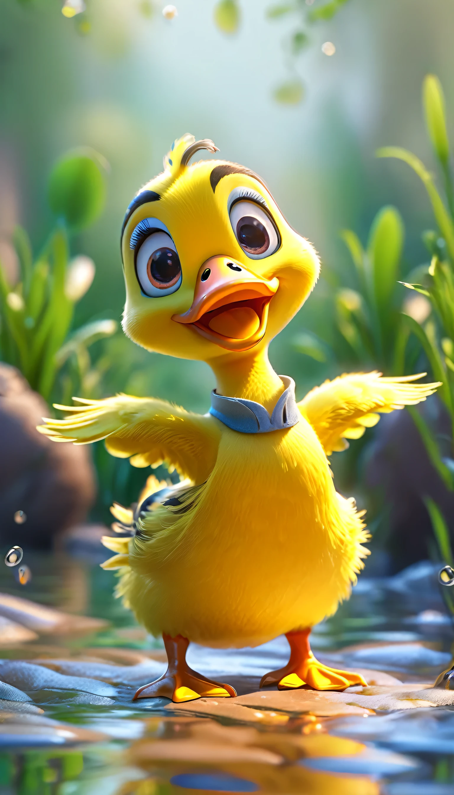cute tiny duck, cartoon , arms, hands ,cute eyes, looking at viewer, arms up, clean background