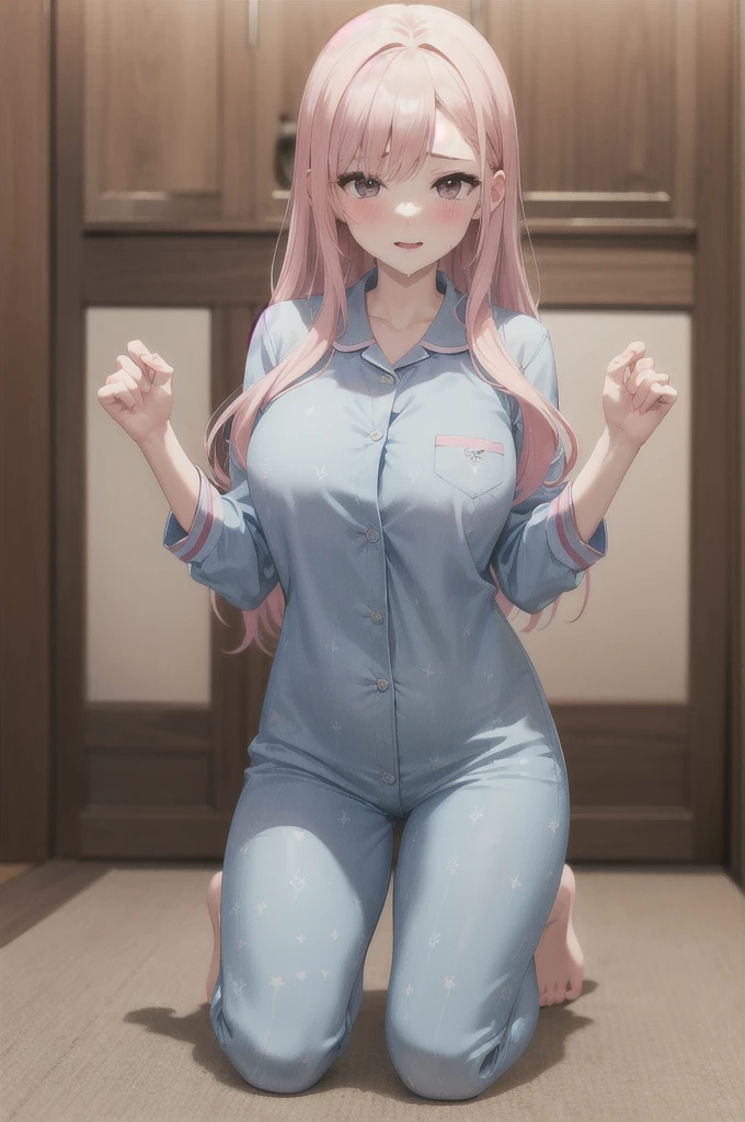 (Enrich the image,Masterpiece level quality)Beautiful 8K CG art,Goddess Pose,Kneeling Exercise,Thin and soft,translucent skin,with pink hair、The aesthetic look of extra-long, Messy hair,The skin is clear and juicy,Large JK Uniform,perspective part 1.2x improved silhouette effect,Exquisite transparent blues pattern on pajamas,The details are intricate and exquisite,The background is a little blurred,Charming and lascivious leg seduction,drool,Extra large breasts,blush,