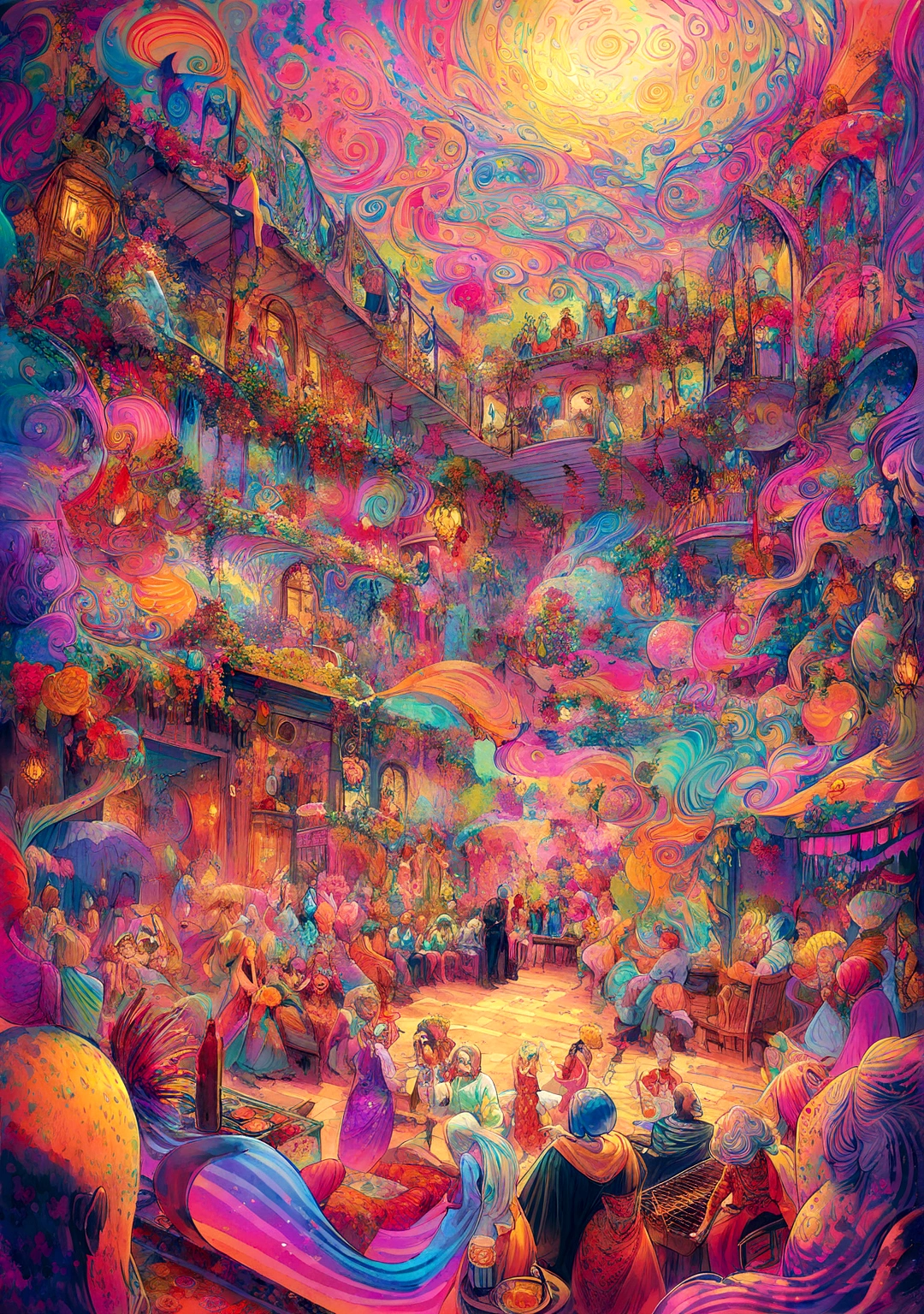 A psychedelic, highly detailed scene of an indoor ((barbecue)) party on the second floor of a house. The main couple, featuring a bearded Latino man and a woman with blue-tipped hair, are surrounded by three other couples, all enjoying the gathering. Everyone is holding surreal, glowing beer bottles and colorful, swirling cannabis joints. The atmosphere is trippy and vibrant, with neon colors and swirling patterns. A man is playing an acoustic guitar that emanates waves of kaleidoscopic light. The room is filled with fantastical decorations and psychedelic art, creating a dreamlike and otherworldly vibe. The couples are gathered around a grill with flames and smoke that twist and morph into fantastical shapes, adding to the surreal and mind-bending ambiance.