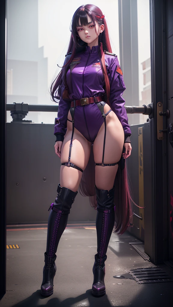 girl with long hair, perfect body, purple-red eyes, military jacket, beautiful thick thighs, purple-red and black clothing, military boots, many belts, holds a futuristic machine gun with both hands, has war scars, walking shot, focus Full body, high definition details, military base background.