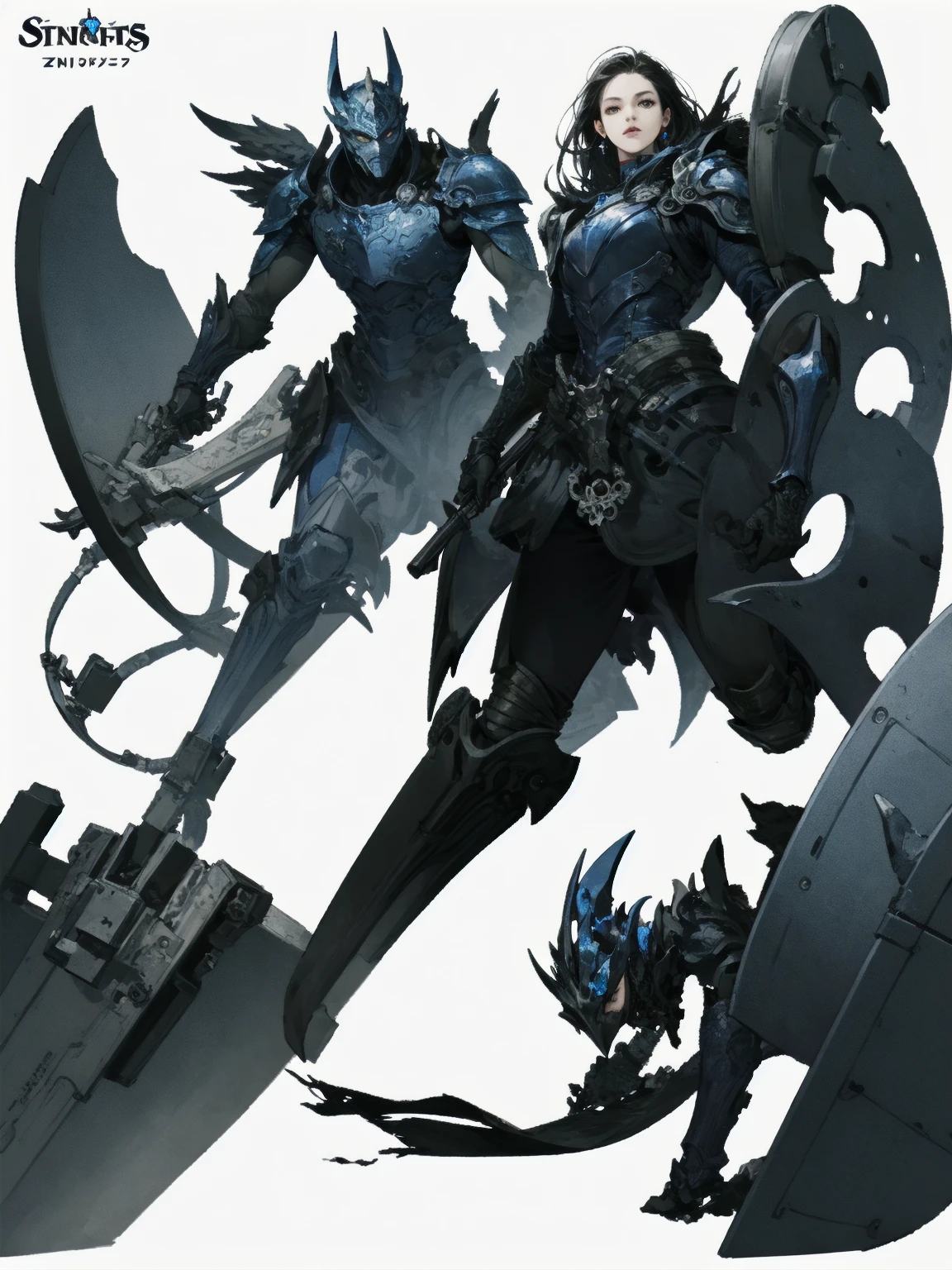 ((Storytelling visual art))、((Highest quality)), ((masterpiece)), (detailed game artwork:1.4),(Highest quality:1.3)、(Masterpiece:1.1)、(An illustration:1.2)、(Super detailed:1.2)、((round face)),((White background、There is no background)),Best Quality, It is high resolution., Best Quality, High quality,BREAK Ender's Zone、orbital frame、Jehuty、Anubis、Full Plate Mail、The knights、Black Armor、Very large shield、