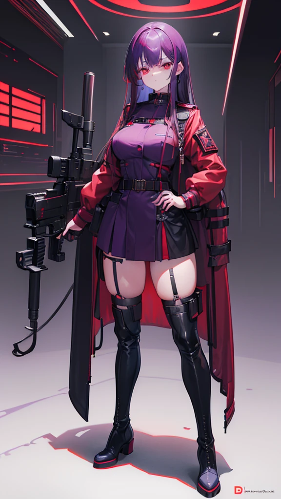 girl with long hair, perfect body, purple-red eyes, military jacket, beautiful thick thighs, purple-red and black clothing, military boots, many belts, holds a futuristic machine gun with both hands, has war scars, walking shot, focus Full body, high definition details, military base background.