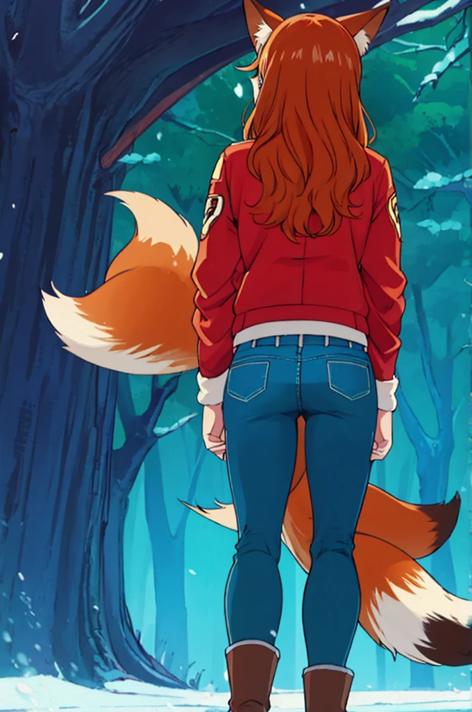 best qualityer, one piece, red fox, Woman, cauda de red fox, orelha de red fox, jeans jacket, red backpack on the back, denim skirt, black boot, eyes browns, chestnut hair