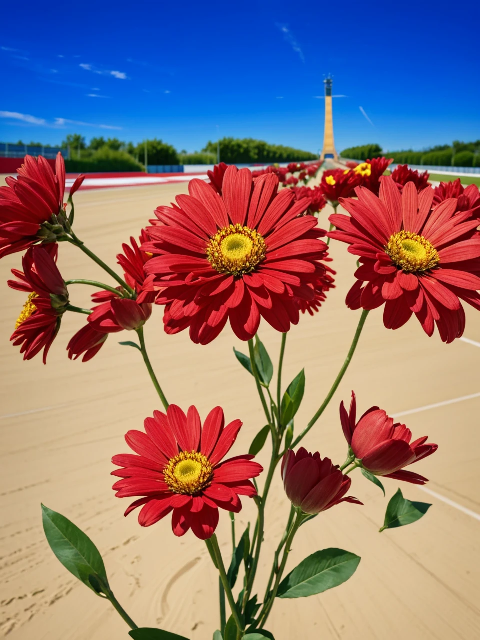 On voit un virage de circuit avec des graviers et dans le fond en flou on voit un mur de pneu comme sur les circuits de courses.
On voit en premier plan deux bouquets de fleurs avce une  pancarte posé sur sol où il y a marqué:"Parce que nos vies ne se sont pas arrêtées quand pendant cet accidents nos coeurs l'ont été."