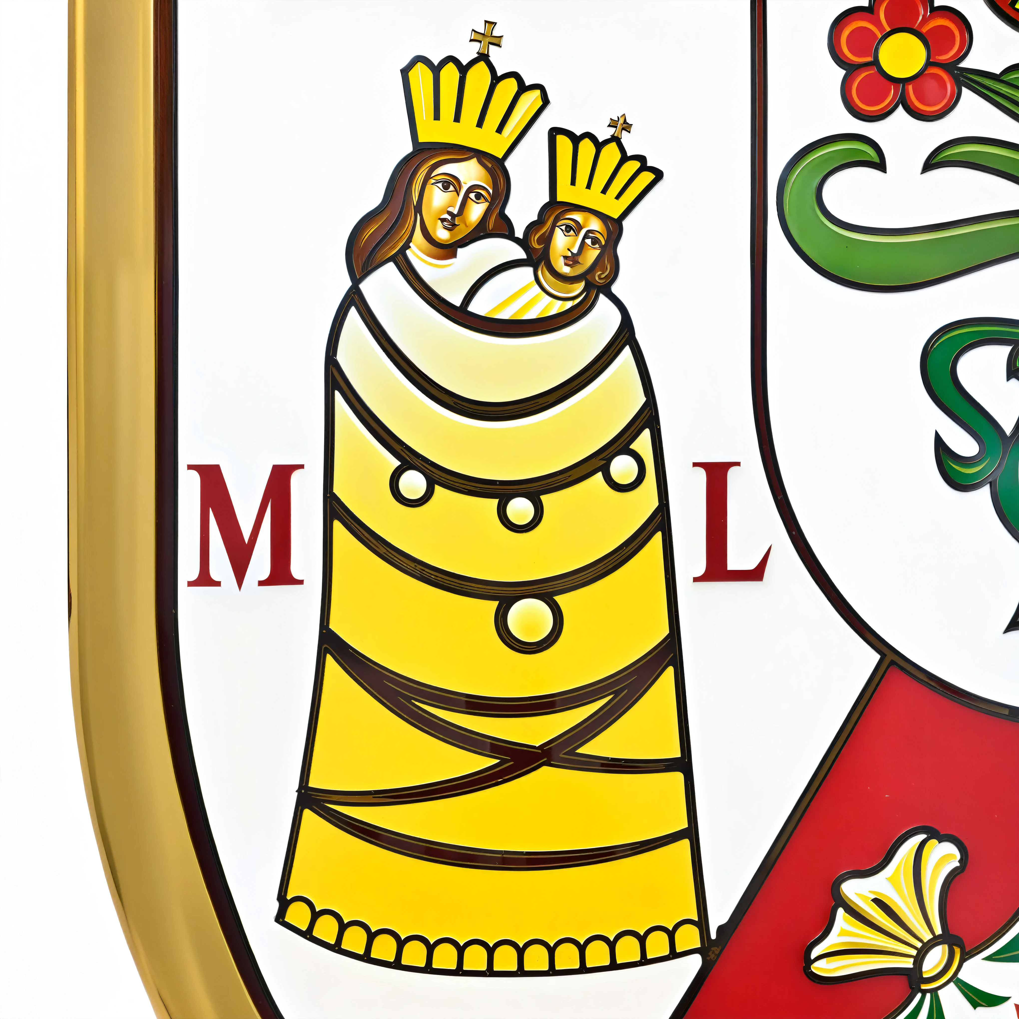 a close up of a coat of arms with a woman and a man, coat of arms, family crest, by Márta Lacza, roman catholic icon, manila, emblem, múseca illil, closeup of arms, in detail, added detail, lit up, with  jesus, much detail, royal insignia in background