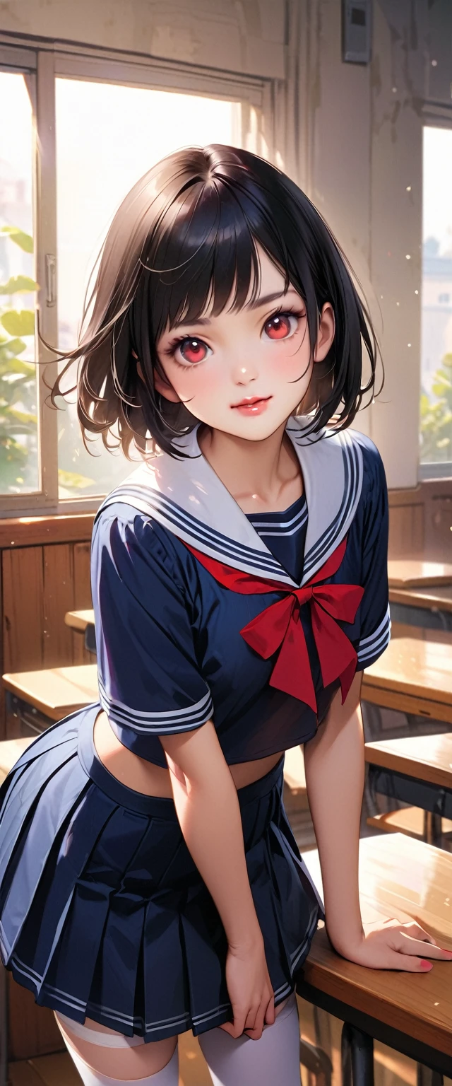 Highest quality、High resolution、Detailed Background、Beautiful face in every detail、age beauty、Detailed red eyes、Realistic、Perfect body line、Black Hair、Braided bob cut、well-groomed eyebrows、Cute Lip Makeup、Calm atmosphere、A short-sleeved shiny dark sailor suit、White sailor collar、Navy blue pleated skirt、Red ribbon、White Stockings、Standing by the window of a classroom、He looked at me with a happy expression.、Cute gestures、so beautiful