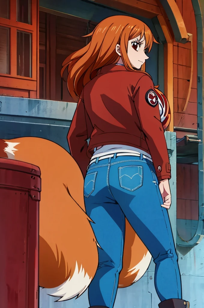 best qualityer, one piece, red fox, Woman, cauda de red fox, orelha de red fox, jeans jacket, red backpack on the back, denim skirt, black boot, eyes browns, chestnut hair