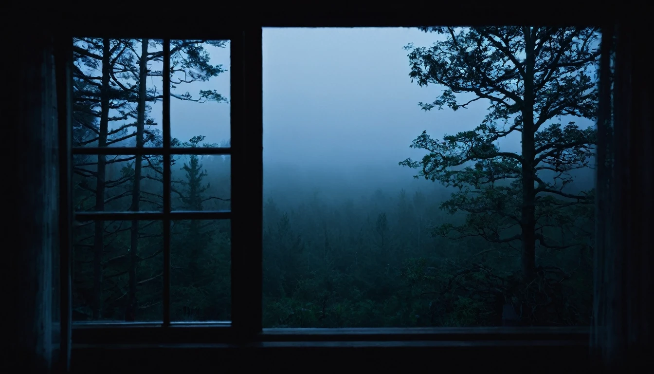 view from a window of a dark room at night and outside a dark misty forest