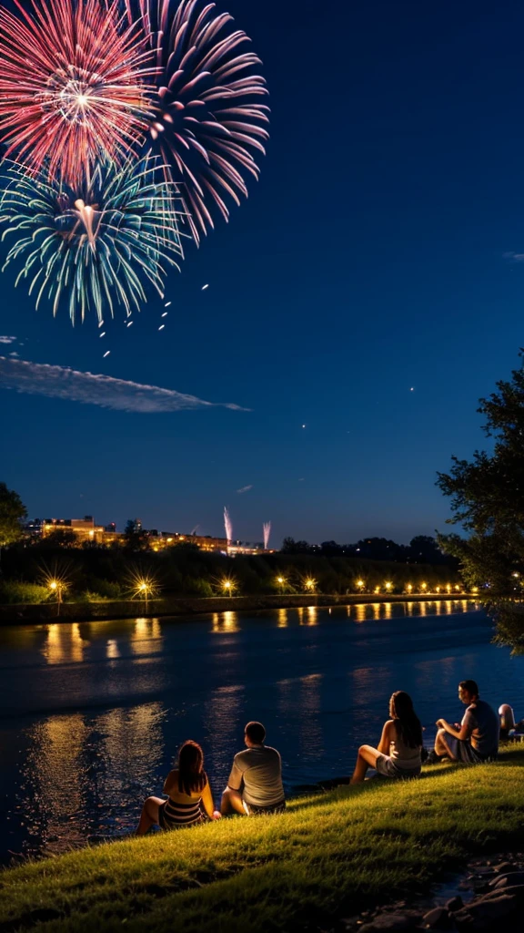 people sitting by a river bed with grass watching fireworks go off in the night as the fireworks reflect in the river