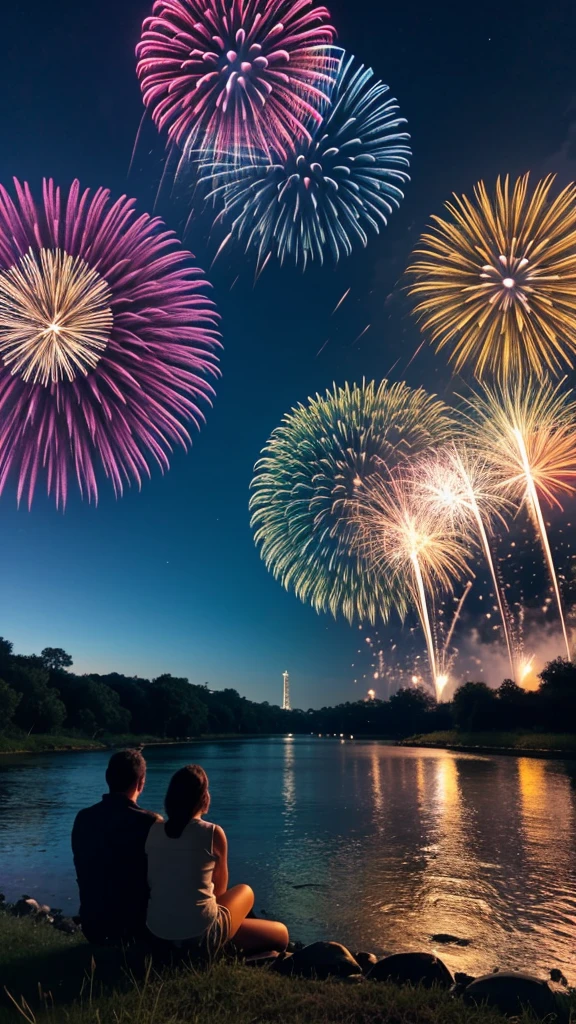 people sitting by a river bed with grass watching fireworks go off in the night as the fireworks reflect in the river 