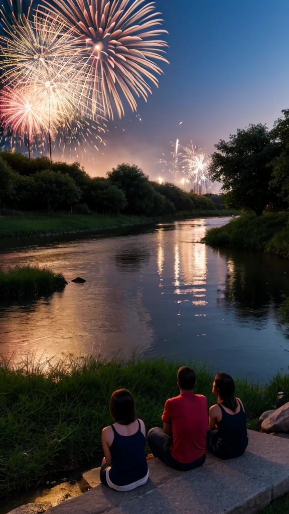 people sitting by a river bed with grass watching fireworks go off in the night as the fireworks reflect in the river 