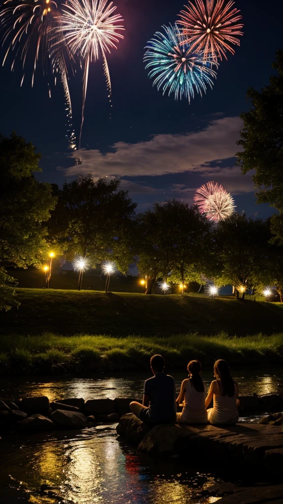 people sitting by a river bed with grass watching fireworks go off in the night as the fireworks reflect in the river 