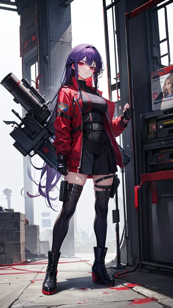 girl with long hair, perfect body, purple-red eyes, military jacket, beautiful thick thighs, purple-red and black clothing, military boots, many belts, holds a futuristic machine gun with both hands, has war scars, walking shot, focus Full body, high definition details, military base background.