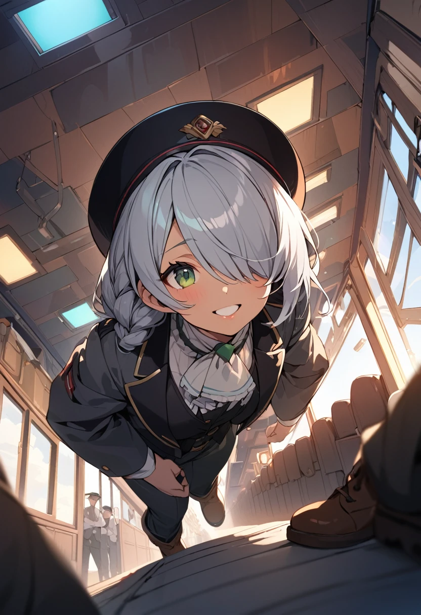 BREAK Perfect Anatomy、(High resolution:1.2)、Incredible illustrations、(Cute illustrations:1.2)、()(cinematic angle,ceiling,solo focus,) 
（Beautiful background（Passage inside the train))

1girl(a (male focus,tom girl), 1.7meters, 45kg,,dark skin:2.5 ,green eyes,silver hair,hair over one eye,long french braid,lipstick:1.2)(light smile)
(tyrolean hat,dark rail road man's coat,Vest jacket with lines,slacks,workman's boots)

