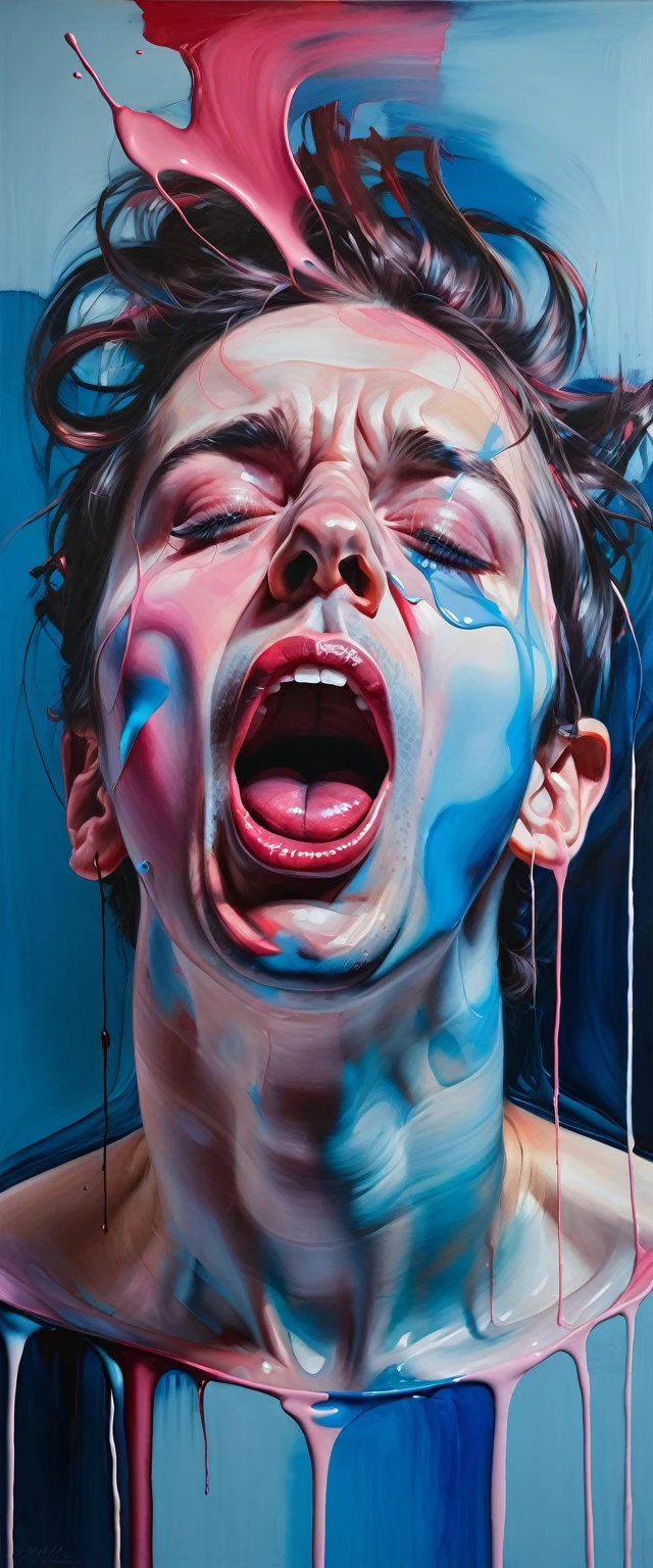 abstract portrait, stefan koidl inspired, inspired by Jenny Saville, an expressive oil painting, sensual man open mouth, high color contrast blue pink and red