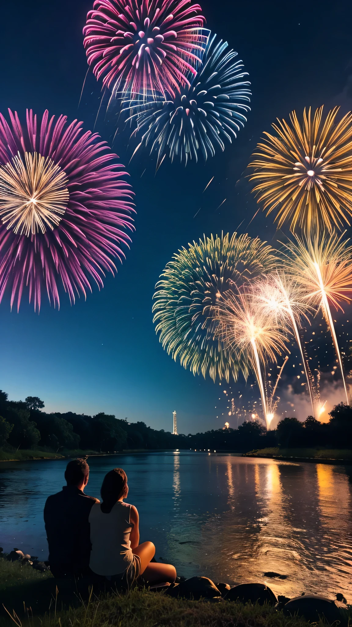 people sitting by a river bed with grass watching fireworks go off in the night as the fireworks reflect in the river
